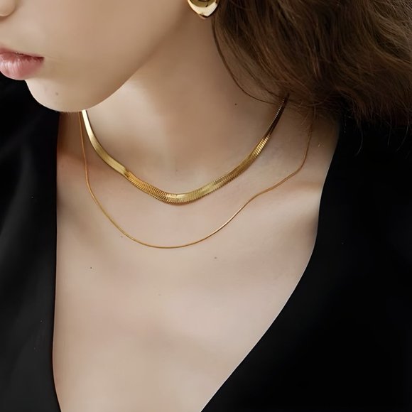 Double Herringbone Necklace, Two layered Necklaces, Gold Snake chain necklace - Picture 5 of 9